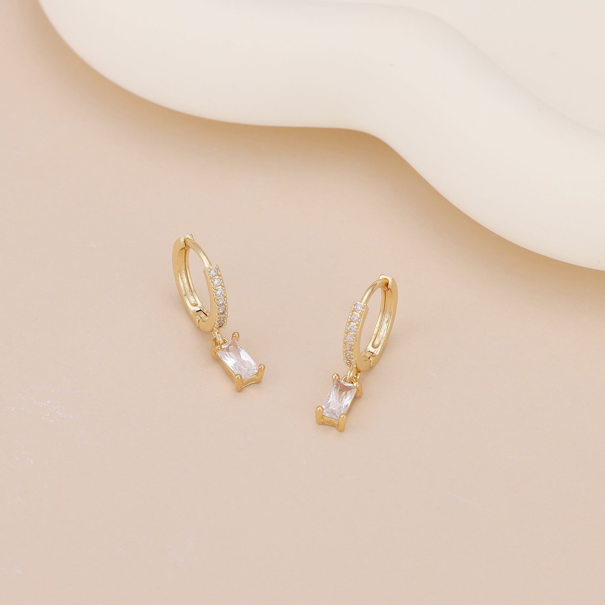 Gold Baguette CZ Drop Pave Huggie Hoop Earrings For Women E143