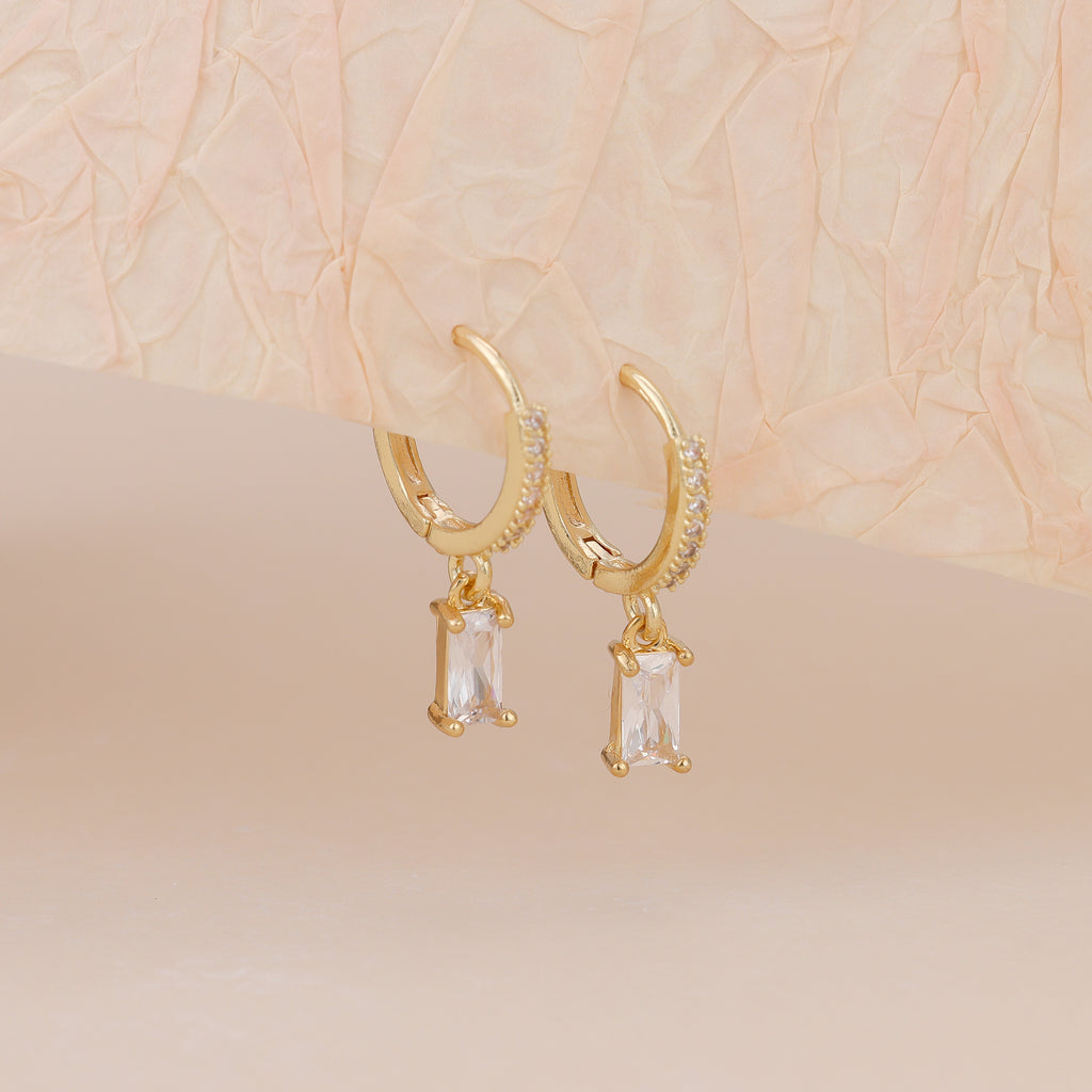 Gold Baguette CZ Drop Pave Huggie Hoop Earrings For Women E143