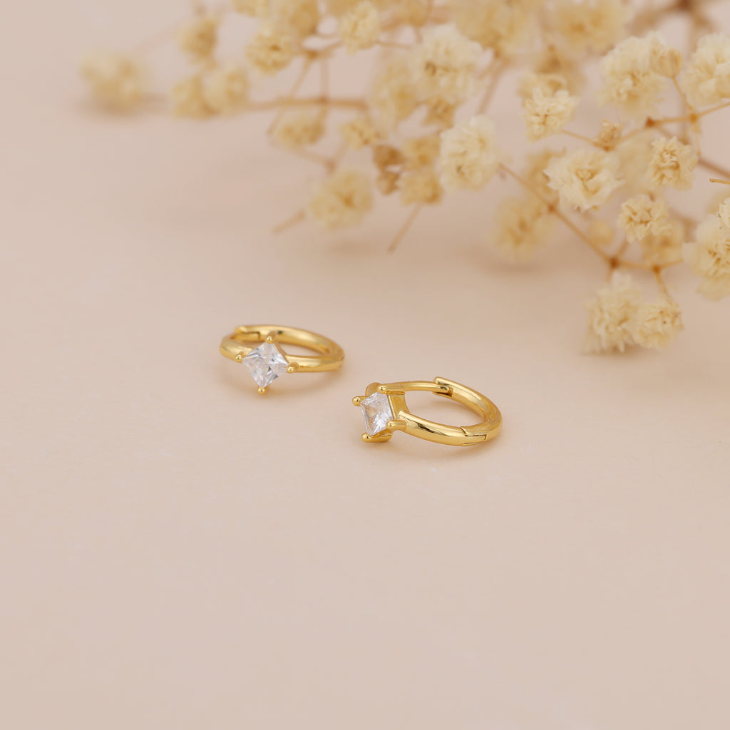 Gold Square CZ Huggie Hoop Earrings for Women E183