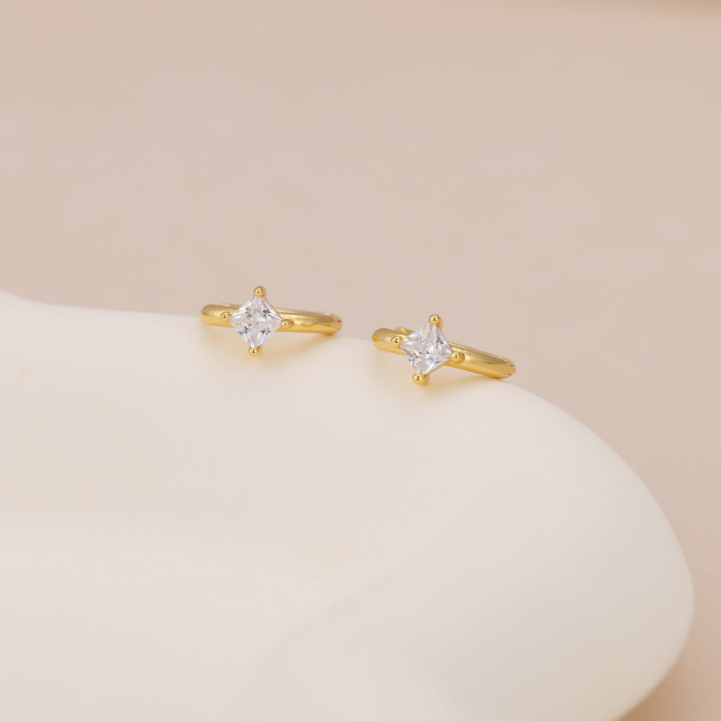 Gold Square CZ Huggie Hoop Earrings for Women E183