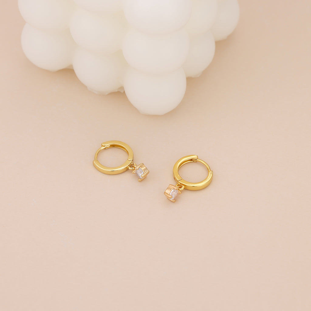 Gold Huggie Hoop Dainty Cubic Zirconia Solitaire Earrings E165