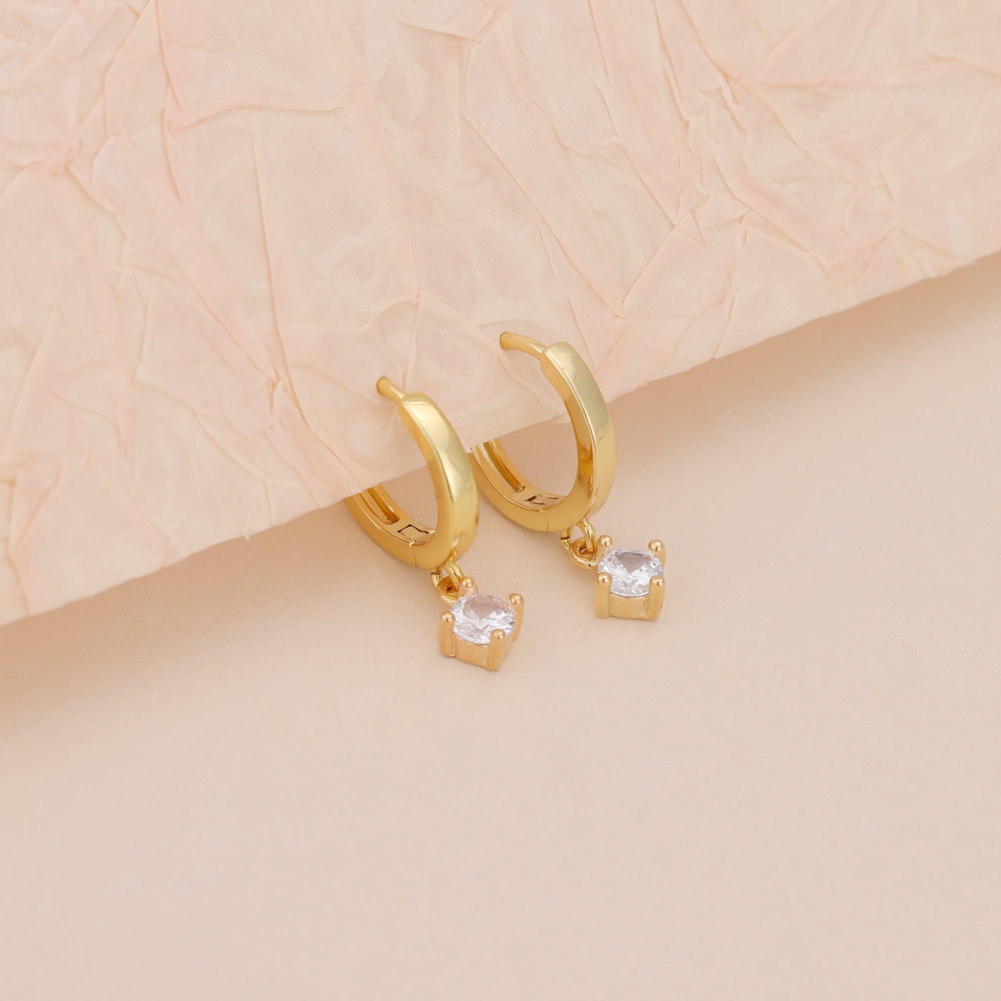 Gold Huggie Hoop Dainty Cubic Zirconia Solitaire Earrings E165