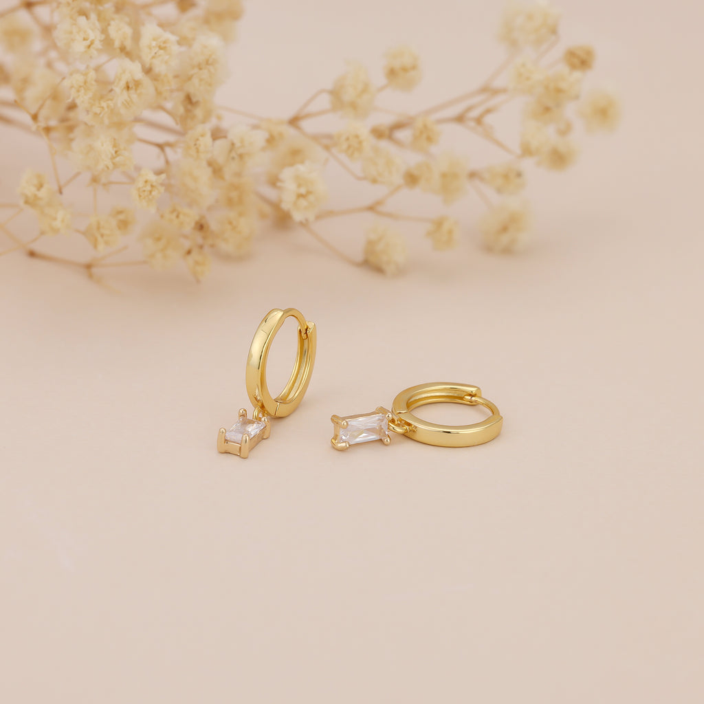 Gold Huggie Hoop Dainty Cubic Zirconia Baguette Earrings E166