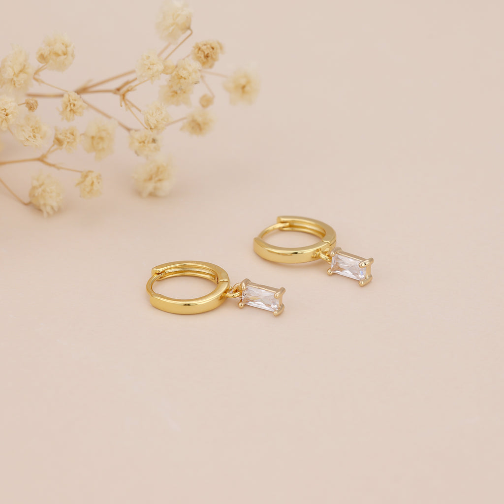 Gold Huggie Hoop Dainty Cubic Zirconia Baguette Earrings E166