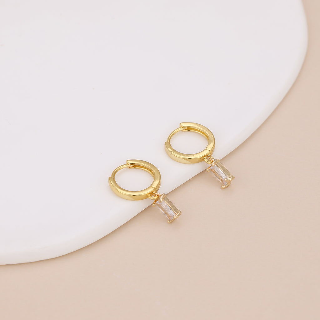 Gold Huggie Hoop Dainty Cubic Zirconia Baguette Earrings E166