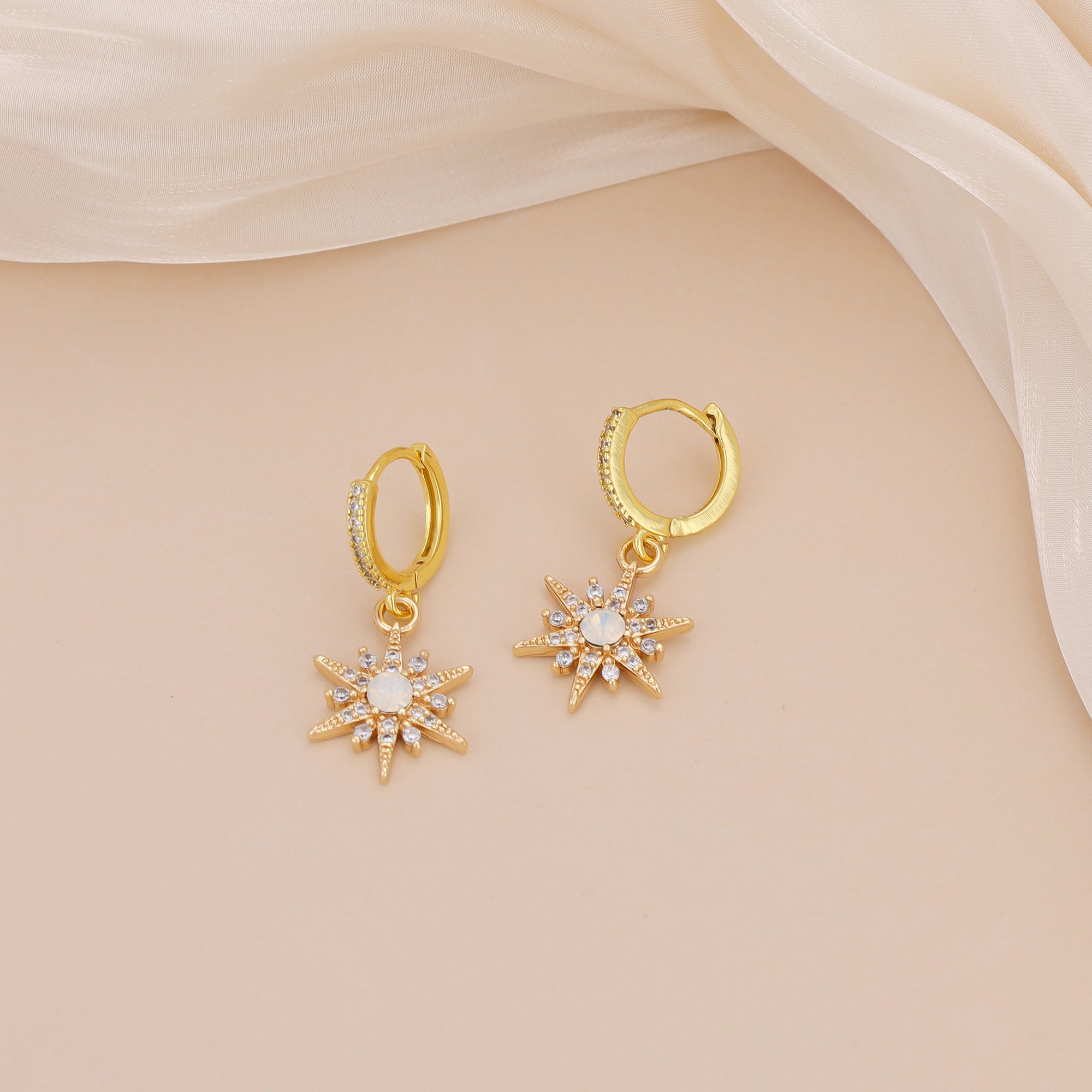 Gold Plated Opal Starburst Drop Huggie Hoop Earrings For Women E145