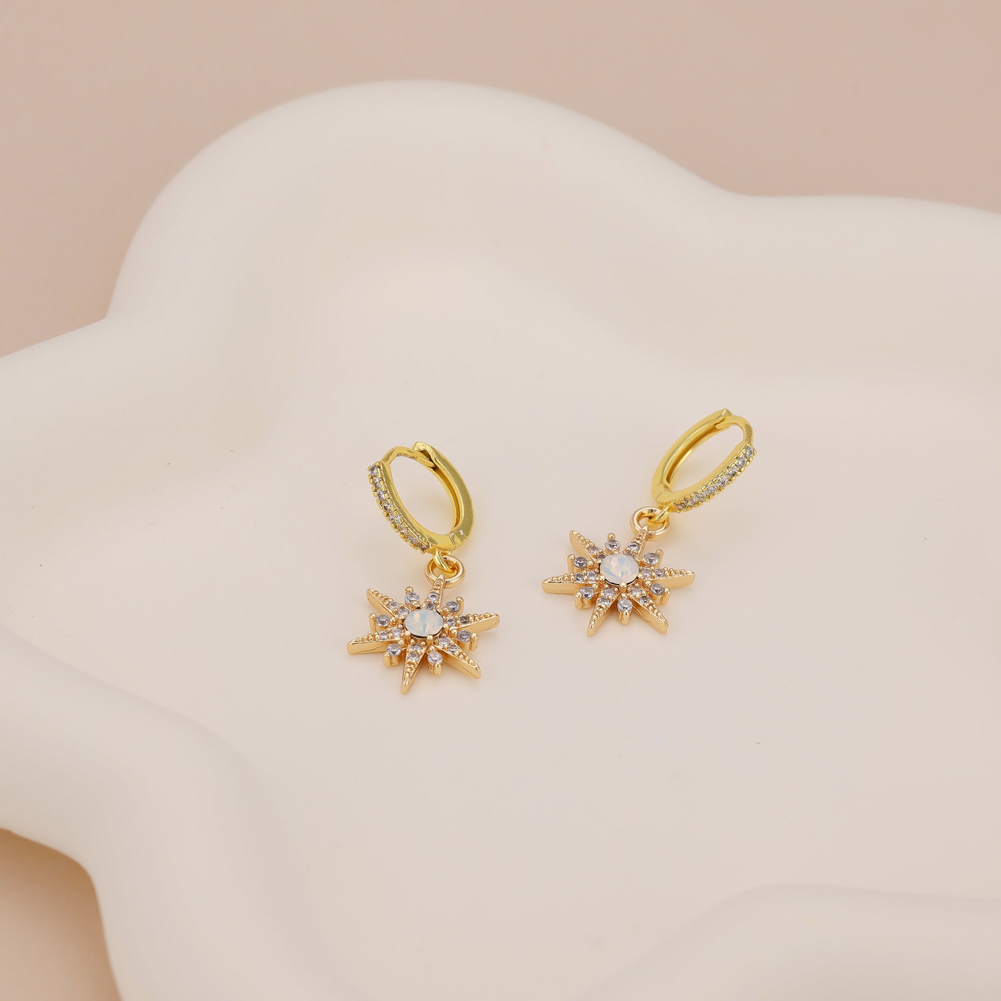 Gold Plated Opal Starburst Drop Huggie Hoop Earrings For Women E145