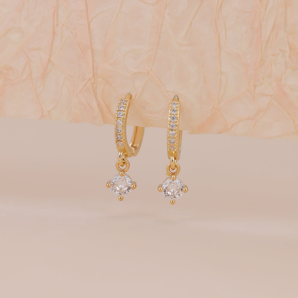 Gold Pave CZ Solitaire Drop Huggie Hoop Earrings For Women E156