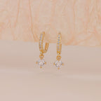 Gold Pave CZ Solitaire Drop Huggie Hoop Earrings For Women E156