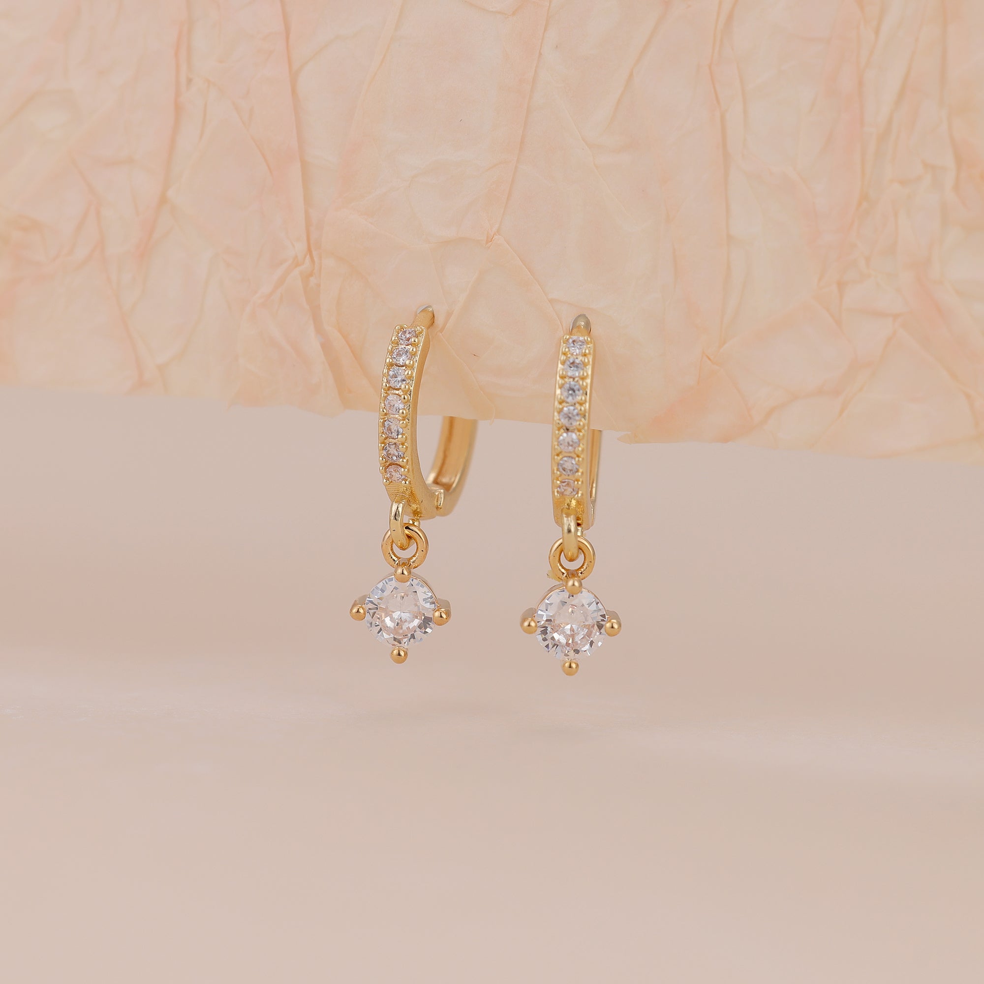 Gold Pave CZ Solitaire Drop Huggie Hoop Earrings For Women E156