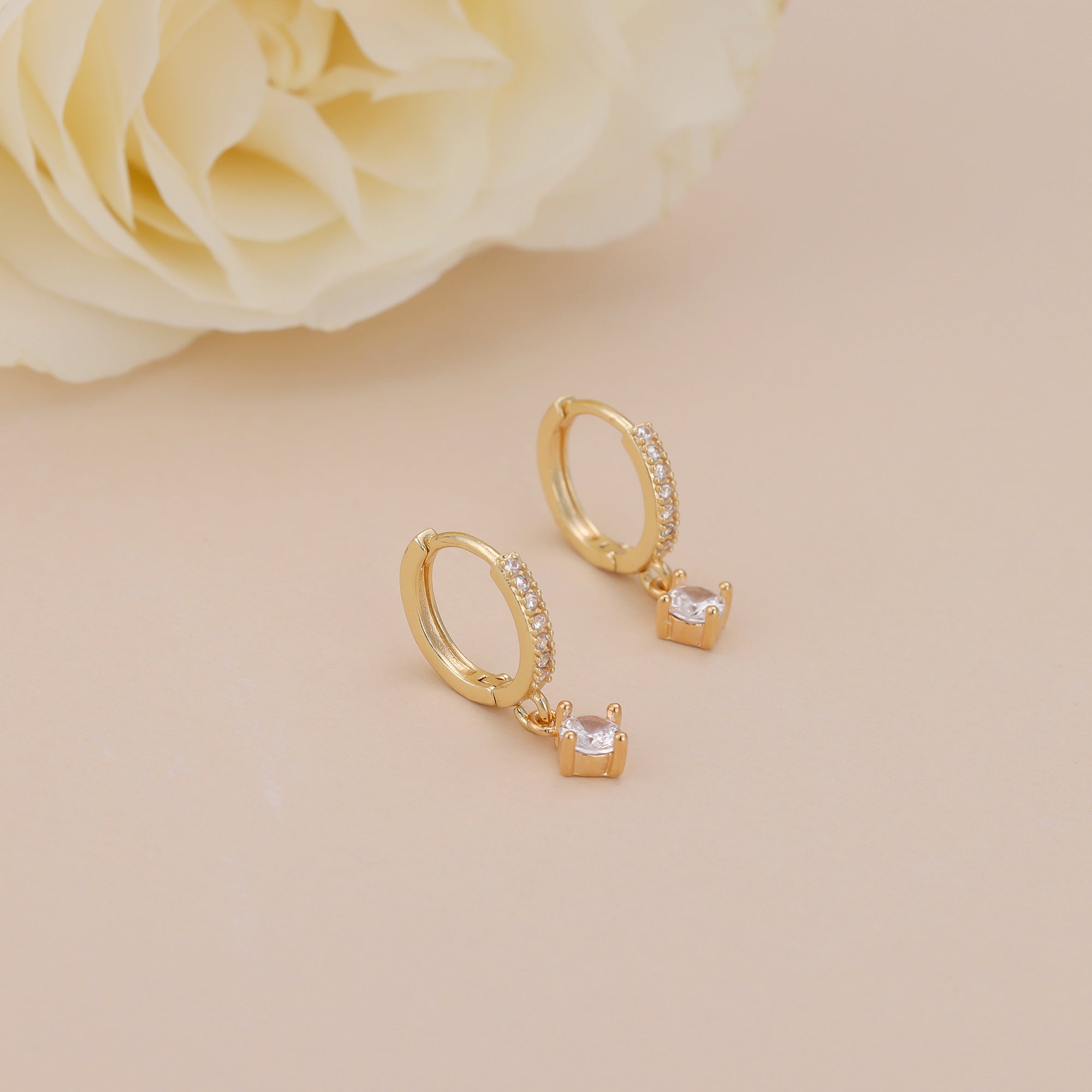 Gold Pave CZ Solitaire Drop Huggie Hoop Earrings For Women E156