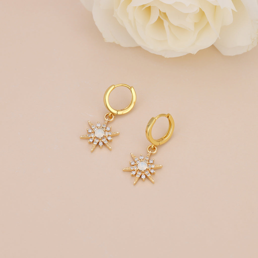 Gold Plated Opal Starburst Drop Huggie Hoop Earrings For Women E145