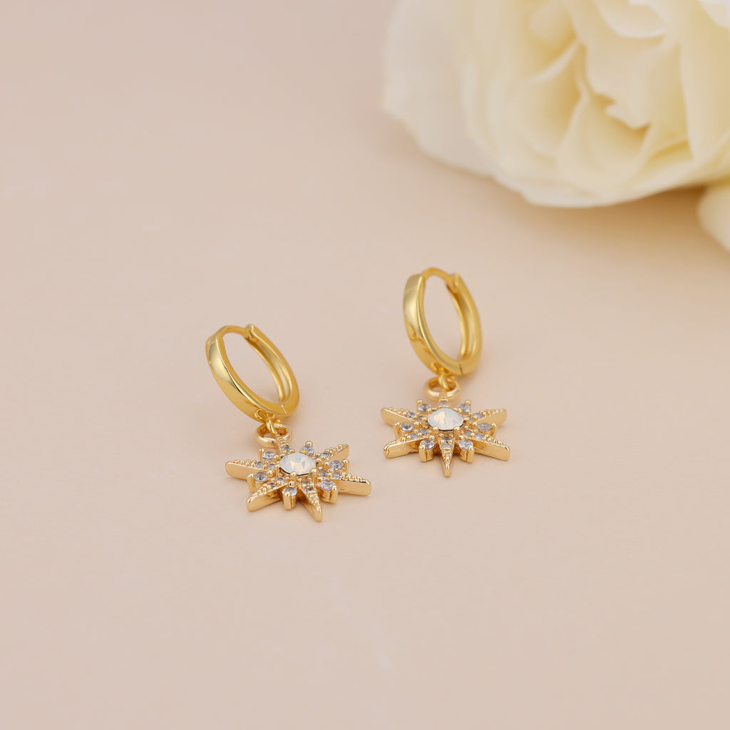 Gold Plated Opal Starburst Drop Huggie Hoop Earrings For Women E145