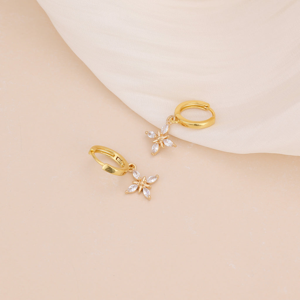 Gold Pave CZ Flower Drop Huggie Hoop Earrings For Women E148
