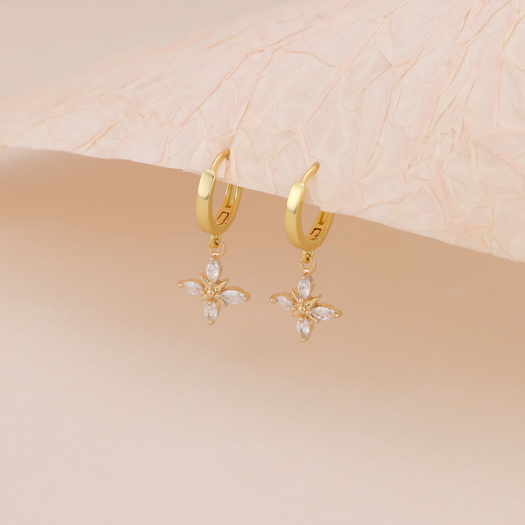 Gold Pave CZ Flower Drop Huggie Hoop Earrings For Women E148