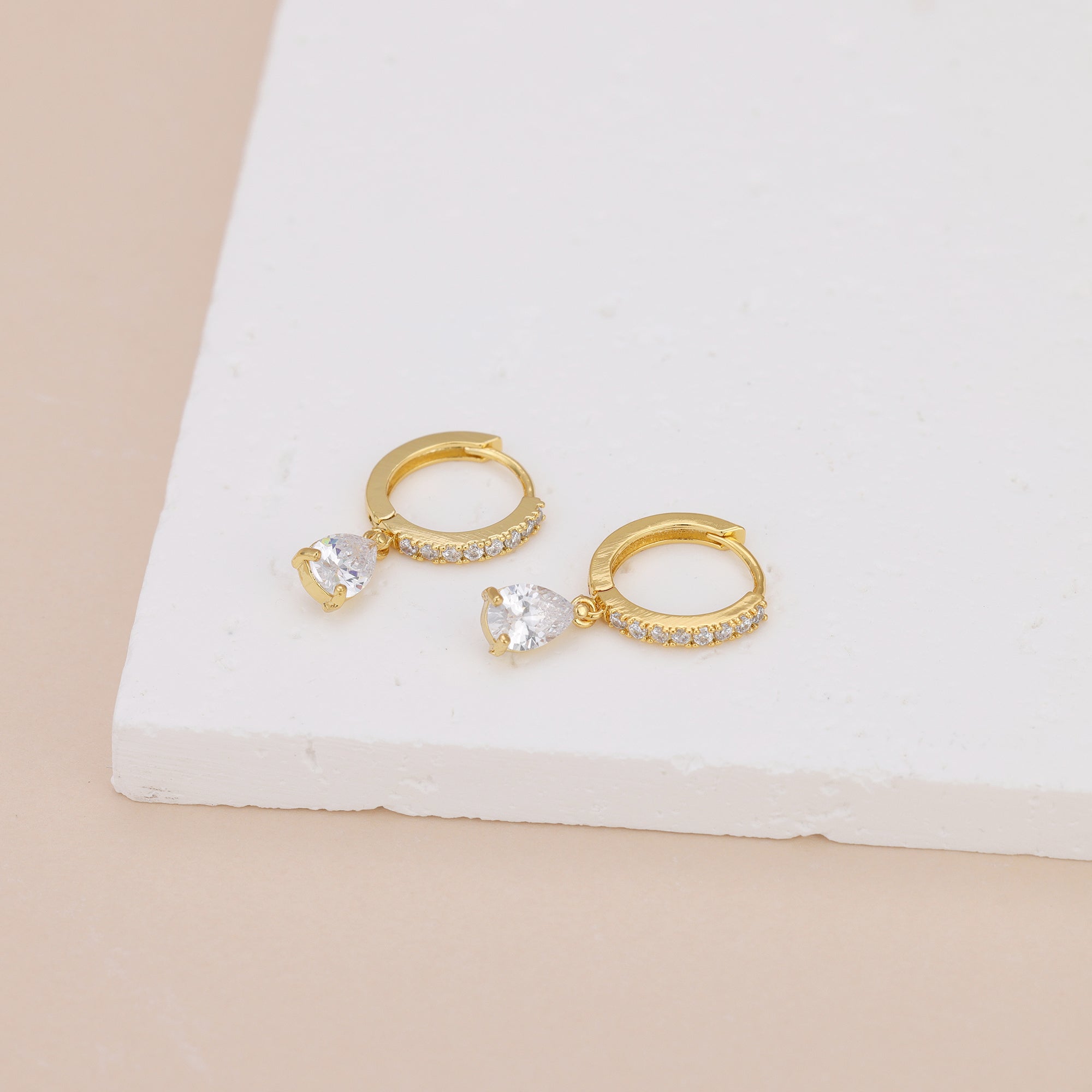 Gold Baguette Paved Huggie Hoop Dangle Earrings E019
