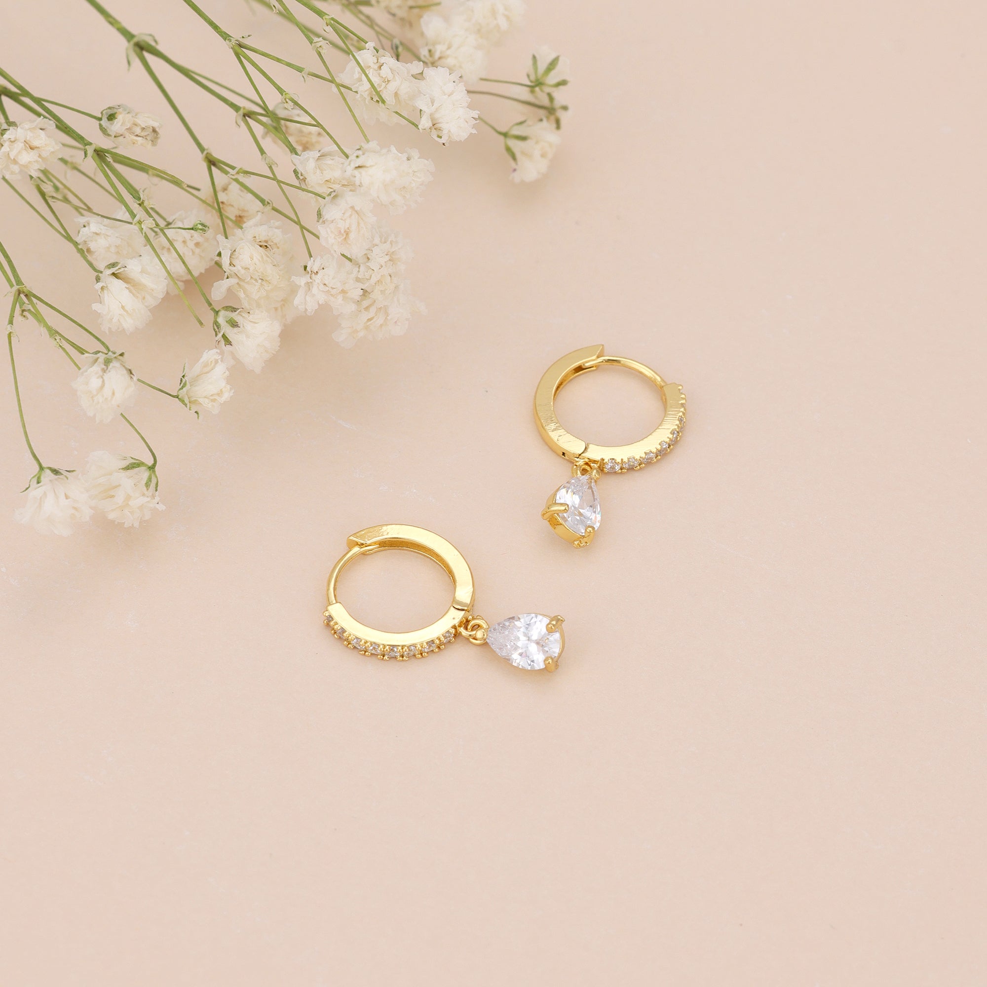 Gold Baguette Paved Huggie Hoop Dangle Earrings E019