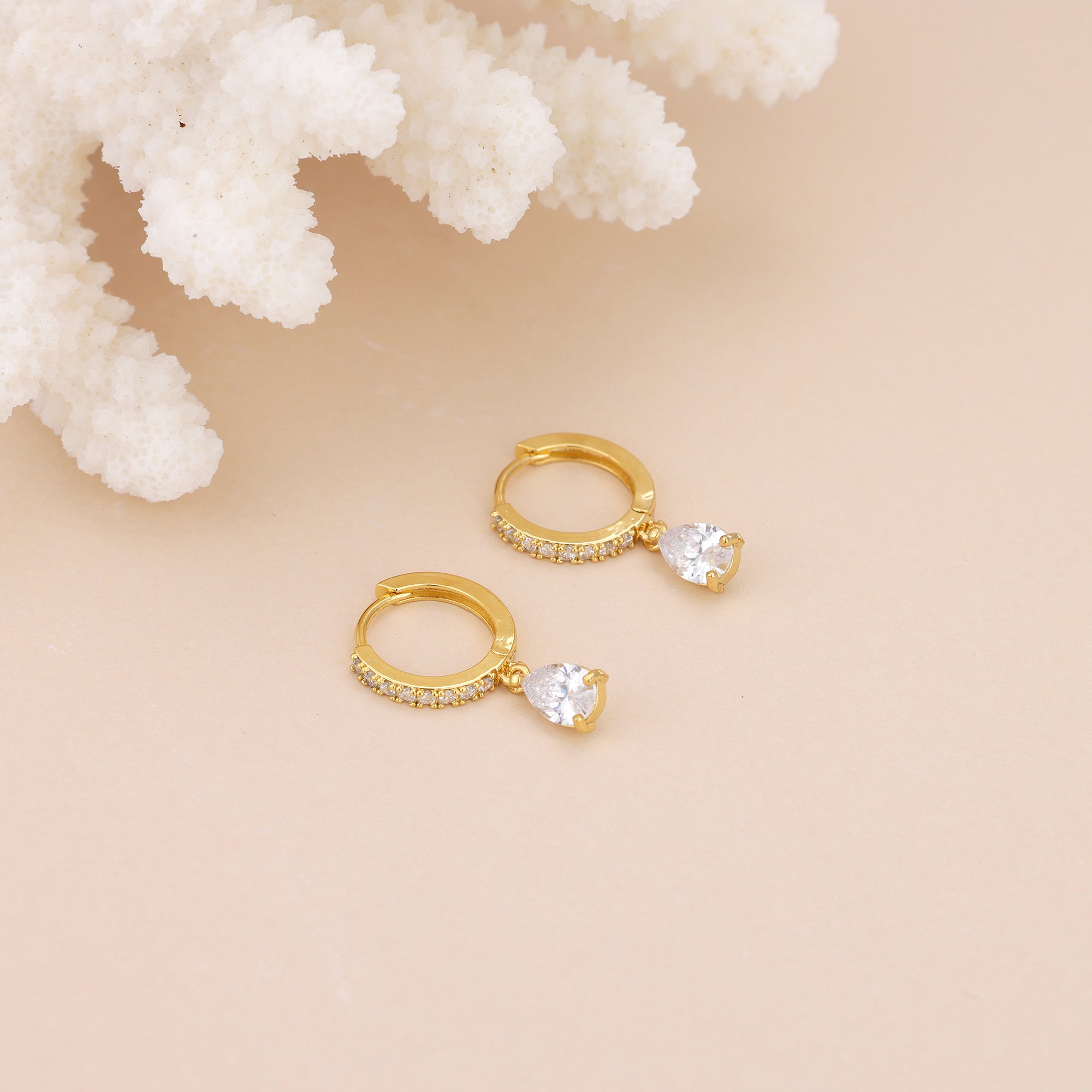 Gold Baguette Paved Huggie Hoop Dangle Earrings E019