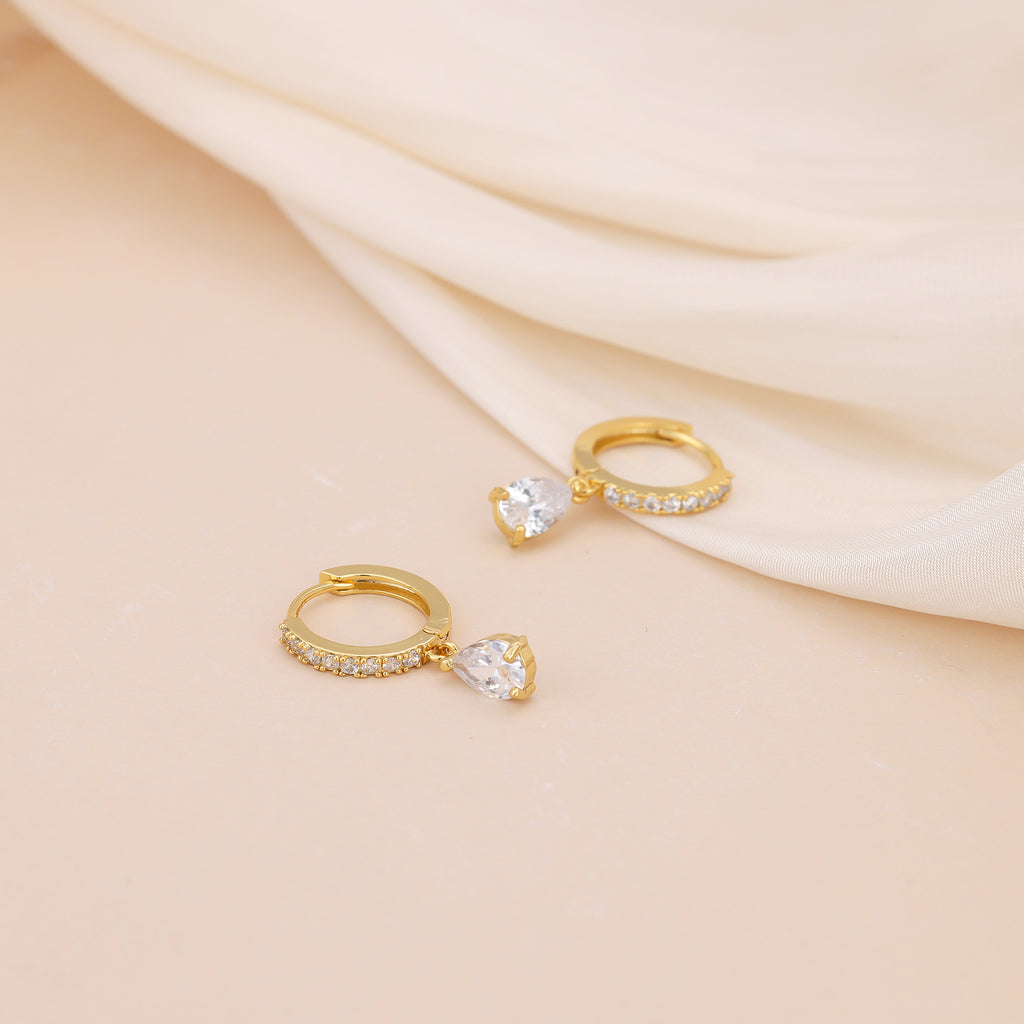 Gold Baguette Paved Huggie Hoop Dangle Earrings E019