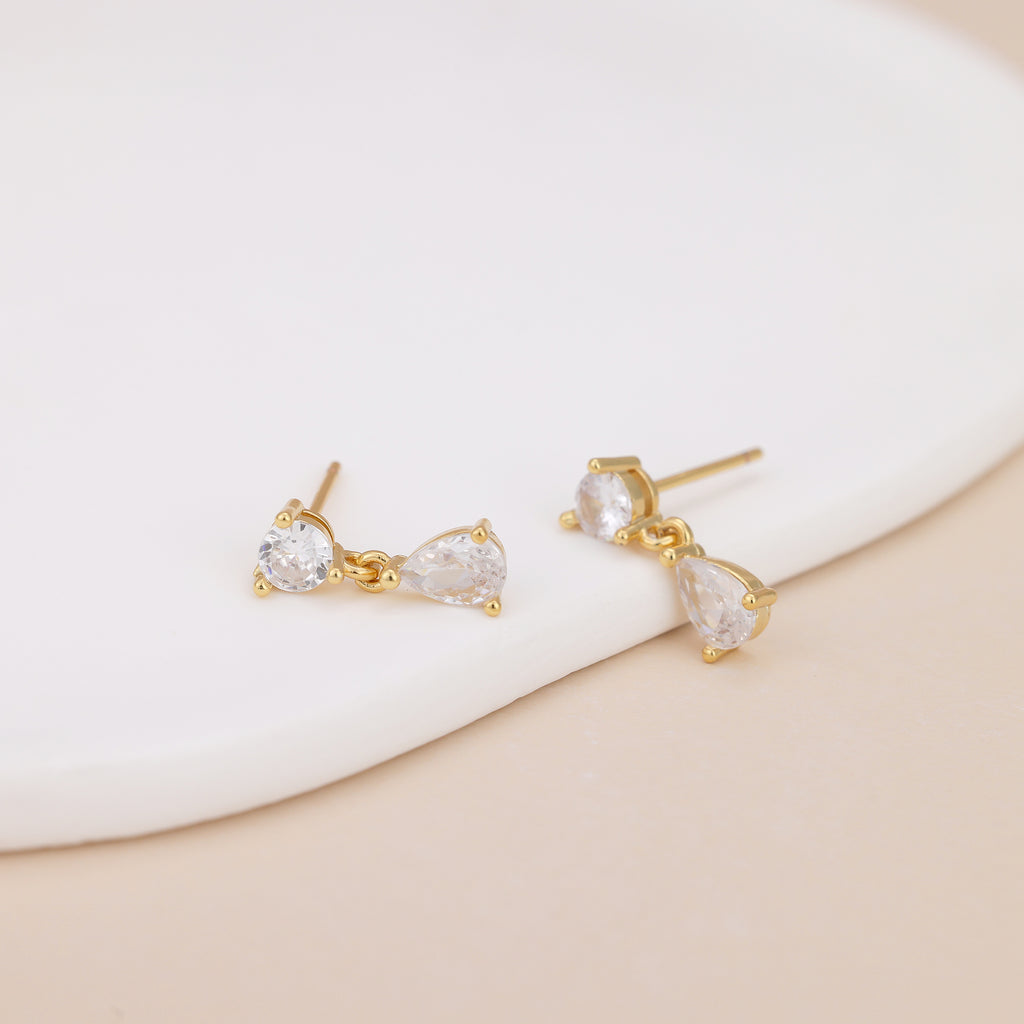 Gold CZ Teardrop Dangle Stud Earrings for Women E176