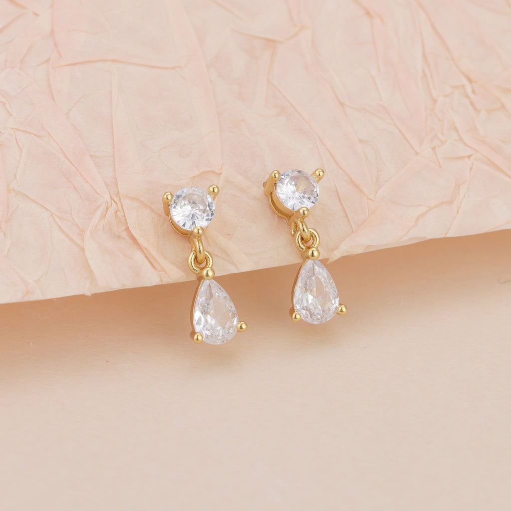 Gold CZ Teardrop Dangle Stud Earrings for Women E176