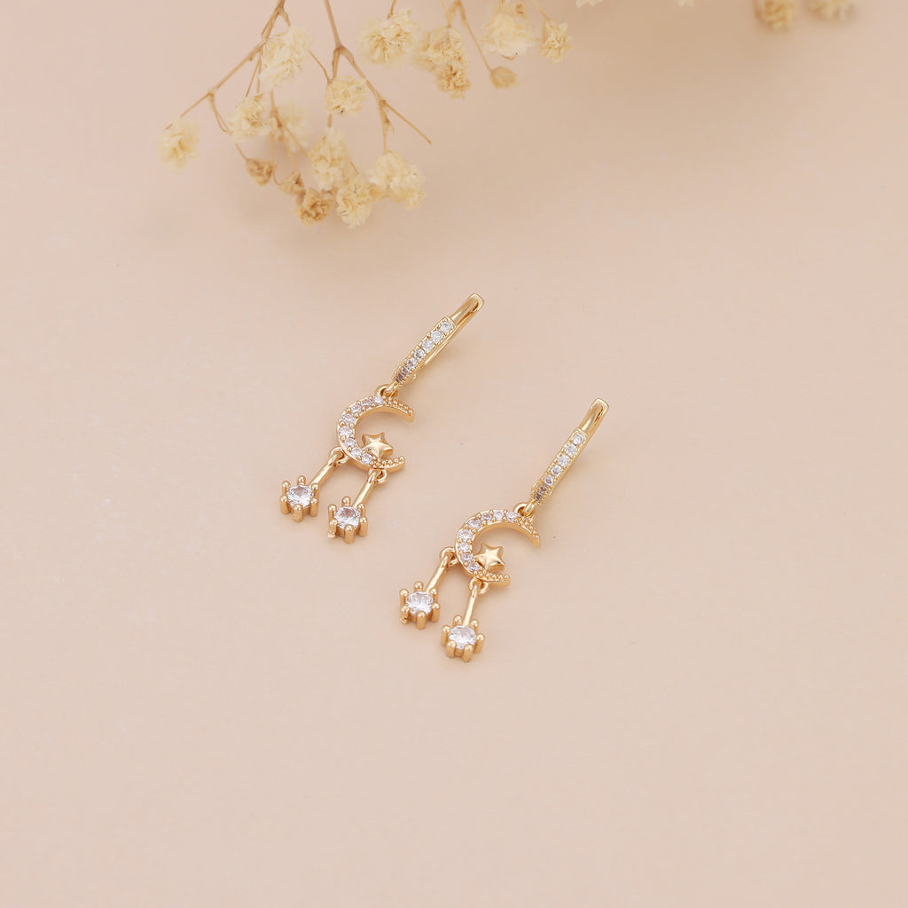 Gold Pave CZ Celestial Moon Star Drop Huggie Hoop Earrings E144