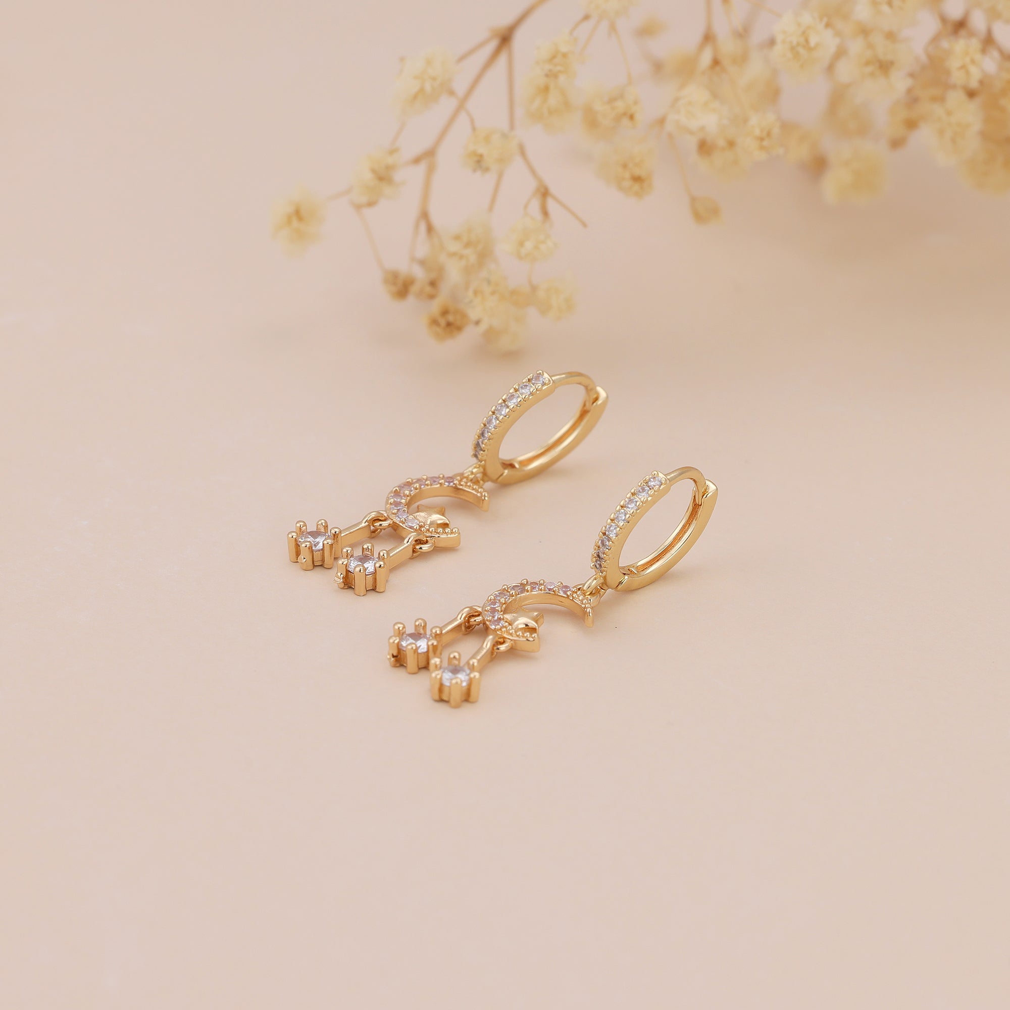Gold Pave CZ Celestial Moon Star Drop Huggie Hoop Earrings E144