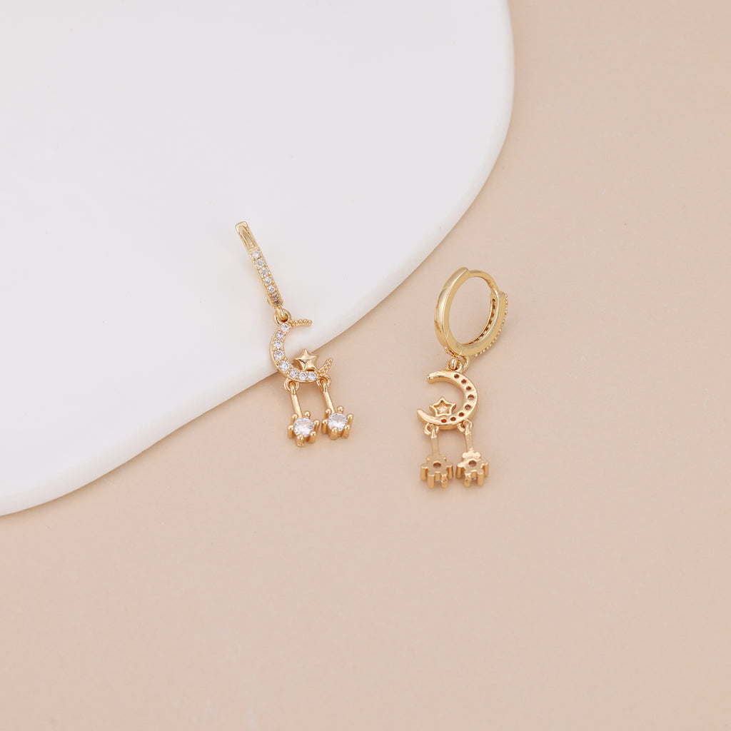Gold Pave CZ Celestial Moon Star Drop Huggie Hoop Earrings E144