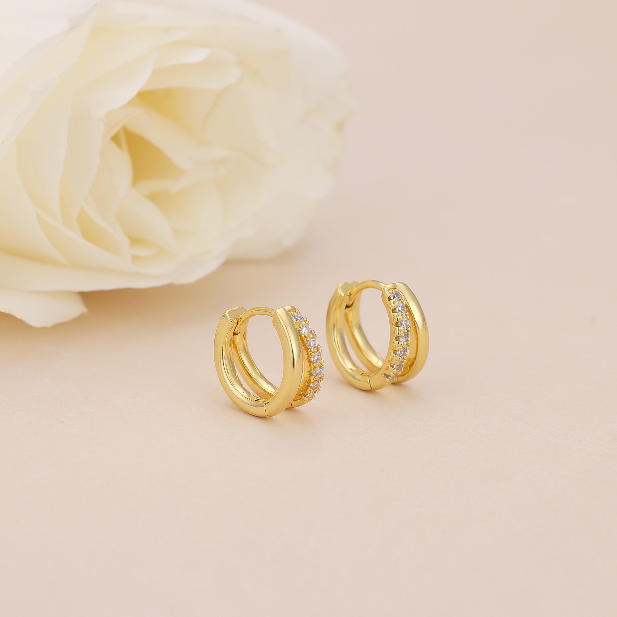Gold Double Hoop CZ Huggie Hoop Earrings for Women E182