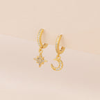 Gold Pave Star And Moon Asymmetrical Huggie Hoop Drop Earrings E140