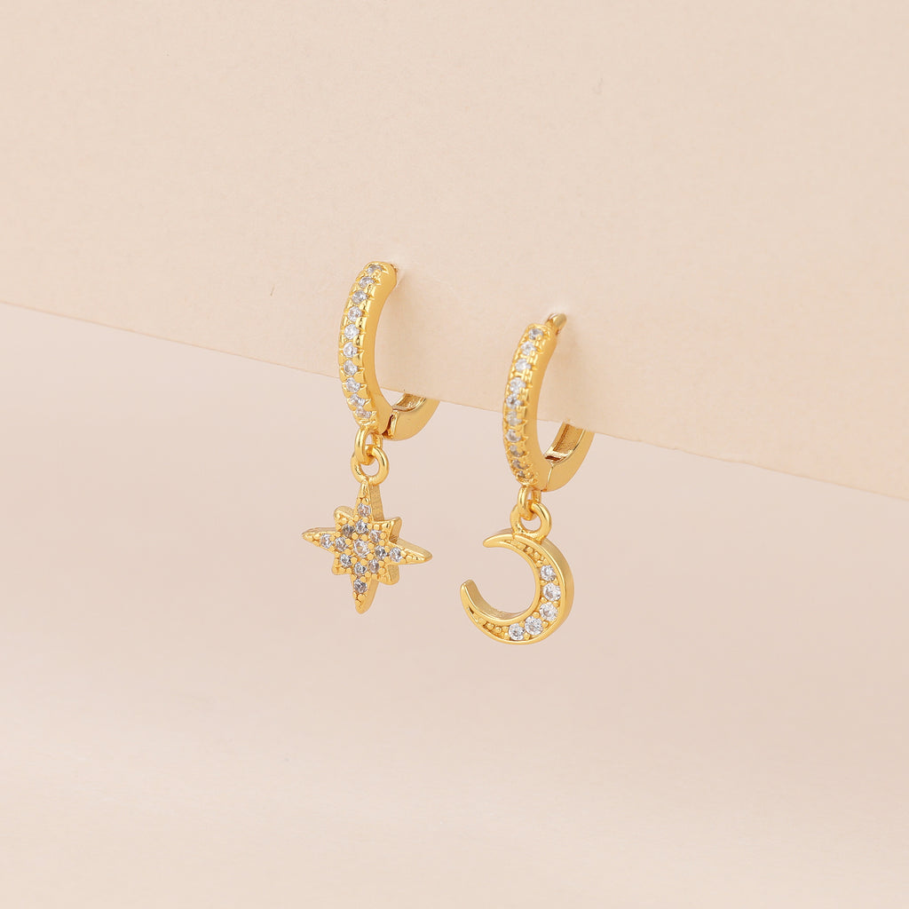Moon star huggie dangle earrings, celestial earrings E140