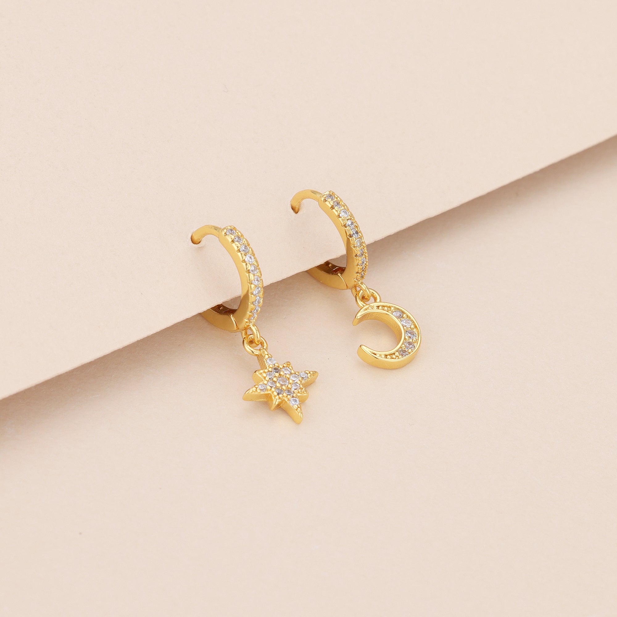 Moon star huggie dangle earrings, celestial earrings E140