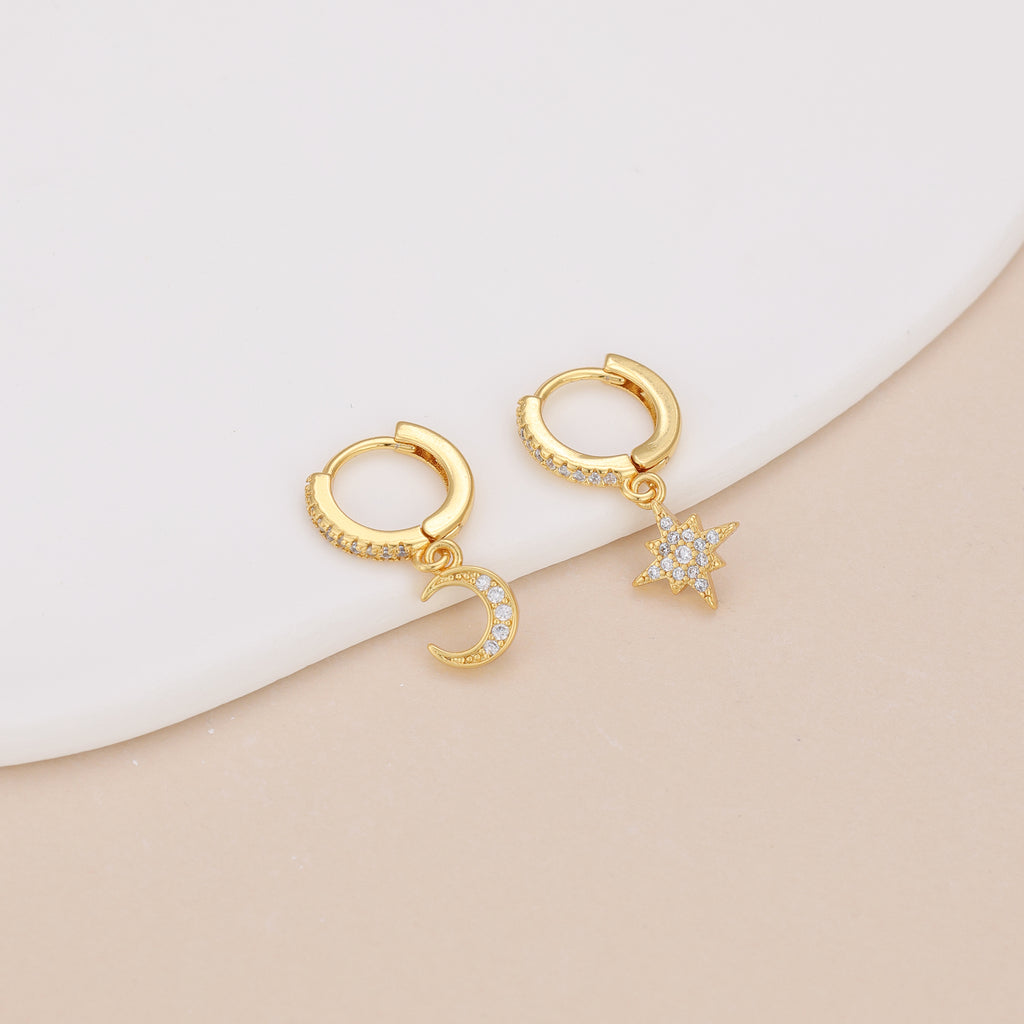 Gold Pave Star And Moon Asymmetrical Huggie Hoop Drop Earrings E140