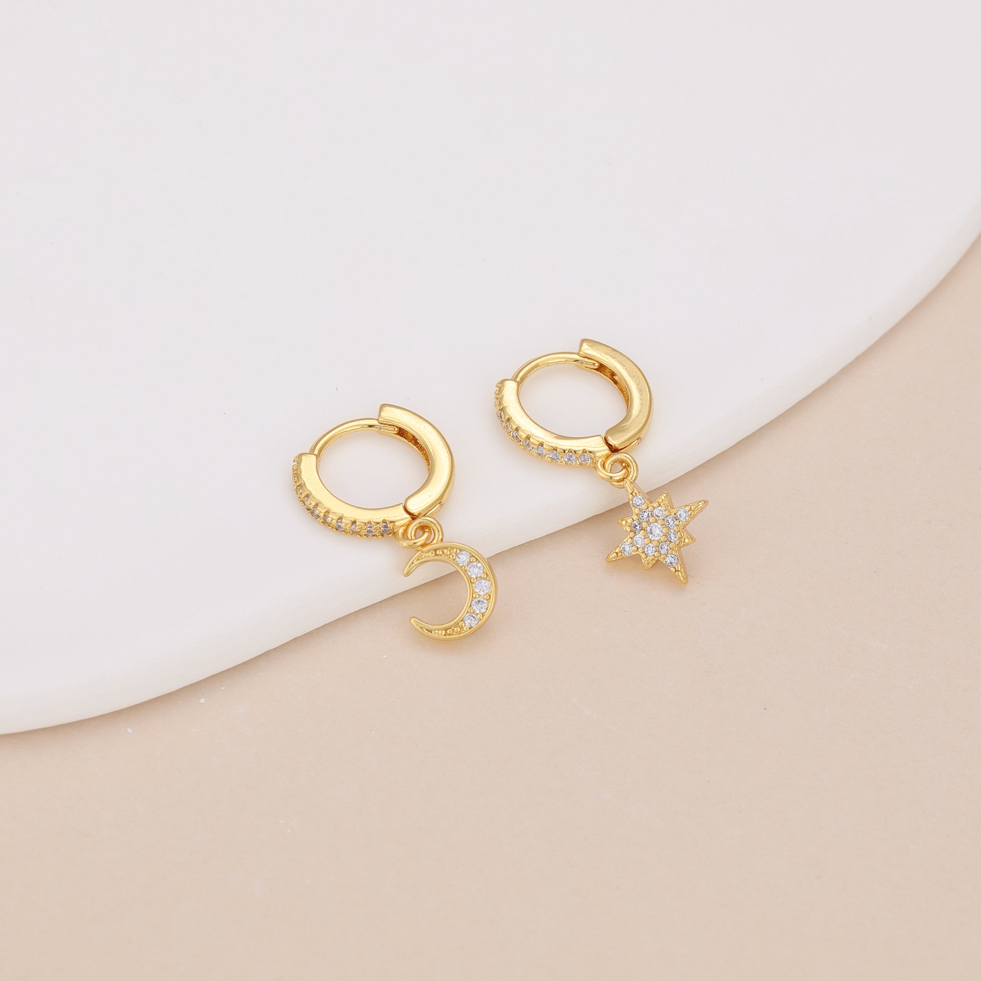 Gold Pave Star And Moon Asymmetrical Huggie Hoop Drop Earrings E140