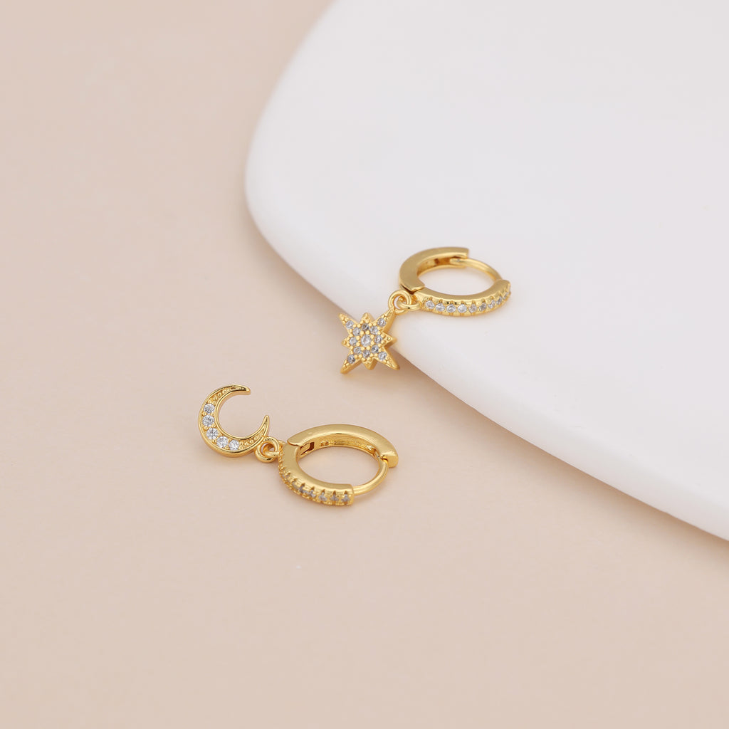 Gold Pave Star And Moon Asymmetrical Huggie Hoop Drop Earrings E140