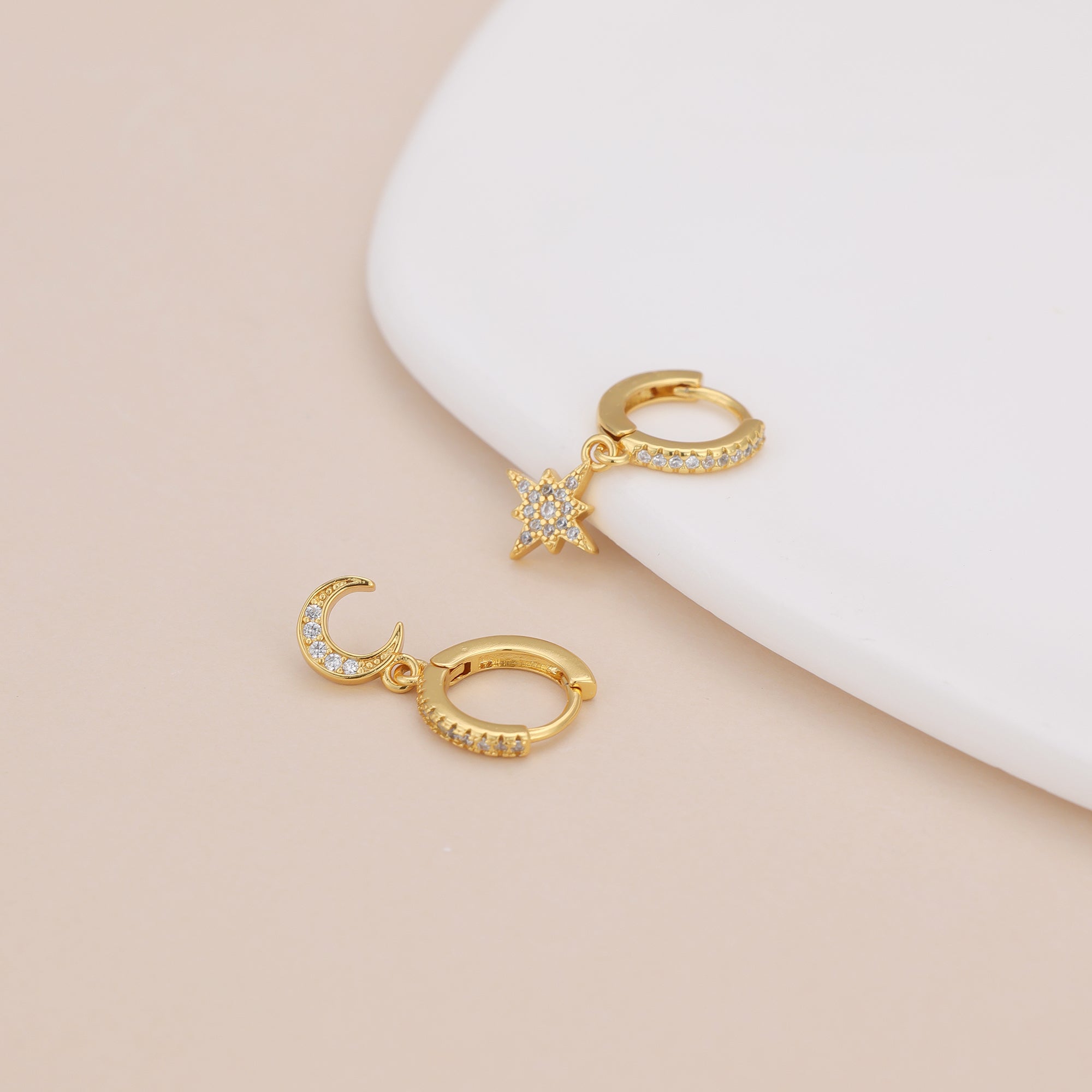 Gold Pave Star And Moon Asymmetrical Huggie Hoop Drop Earrings E140