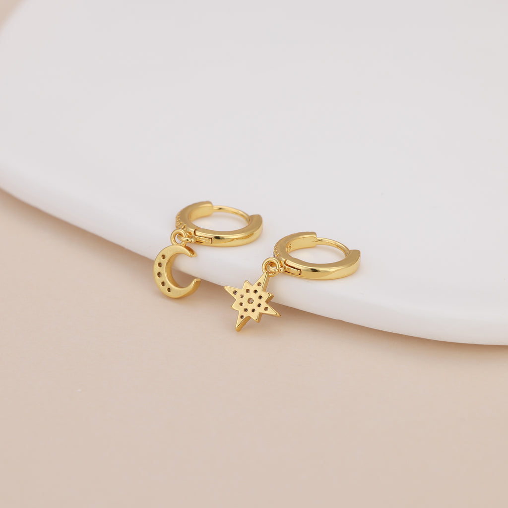 Gold Pave Star And Moon Asymmetrical Huggie Hoop Drop Earrings E140