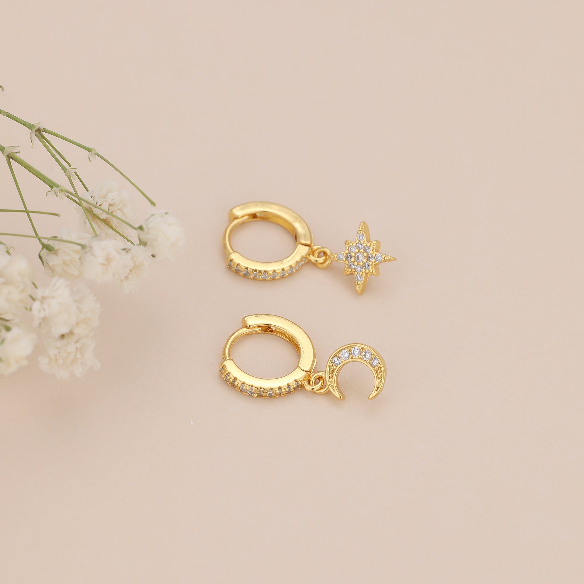 Moon star huggie dangle earrings, celestial earrings E140