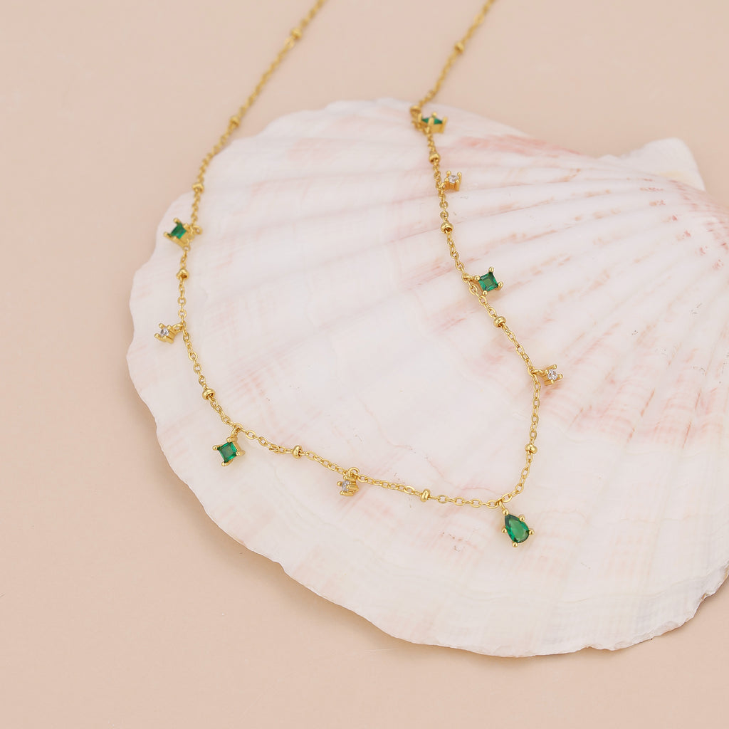 Dainty emerald station satellite chain necklace N010