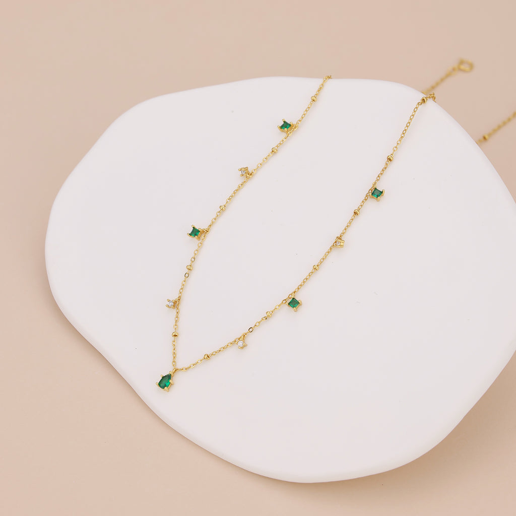 Dainty emerald station satellite chain necklace N010