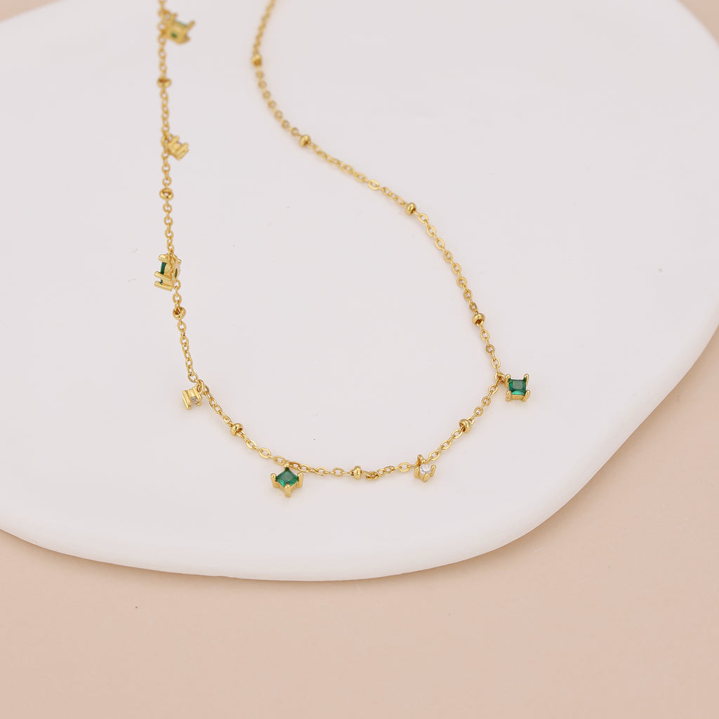 Dainty emerald station satellite chain necklace N010