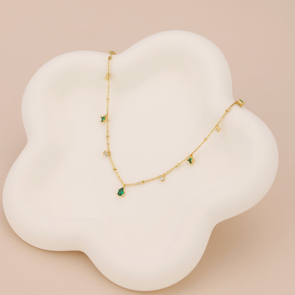 Dainty emerald station satellite chain necklace N010