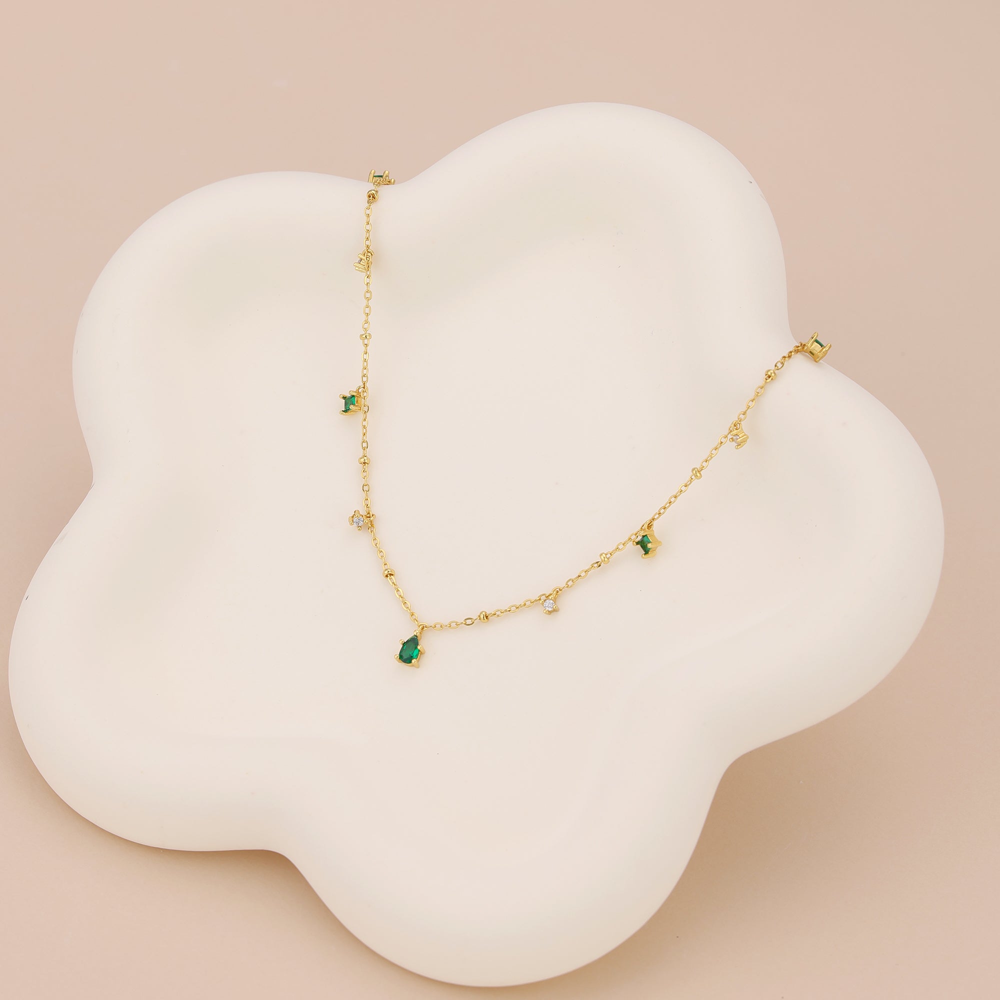 Dainty emerald station satellite chain necklace N010