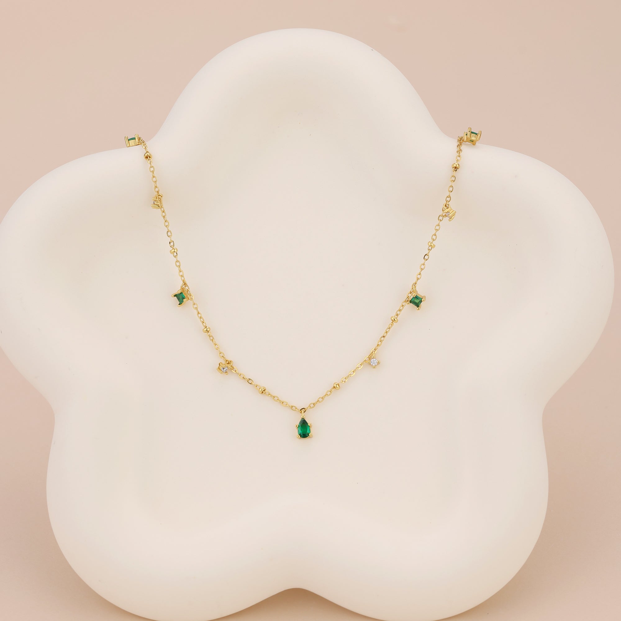 Dainty emerald station satellite chain necklace N010