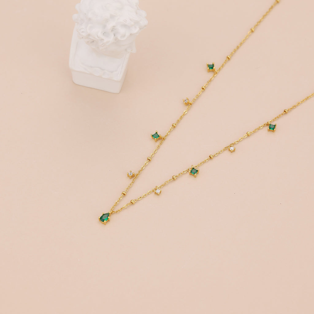Dainty emerald station satellite chain necklace N010