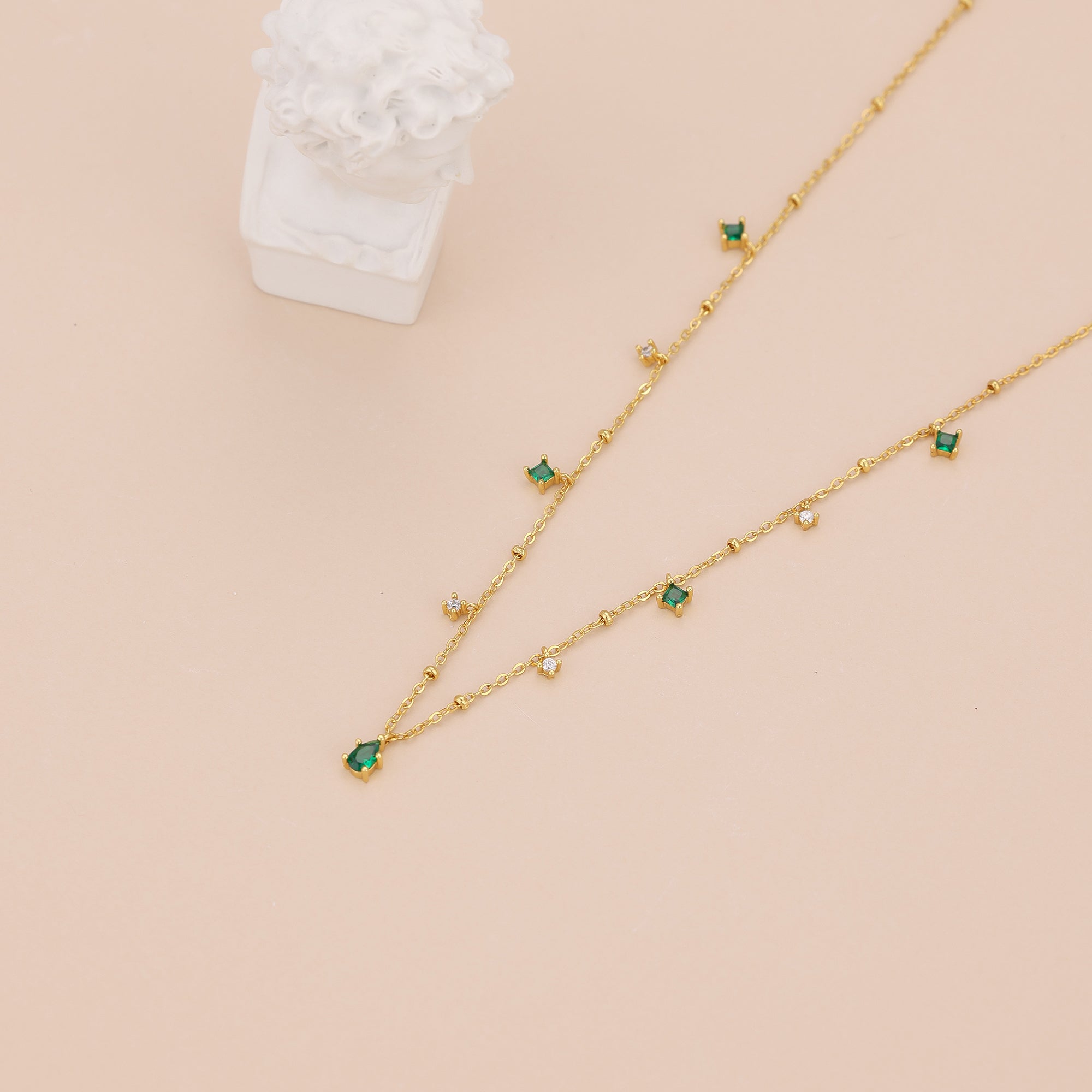 Dainty emerald station satellite chain necklace N010
