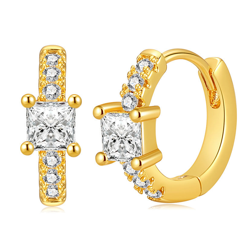 Gold Square Crystal Baguette Pave Huggie Hoop Earrings E280
