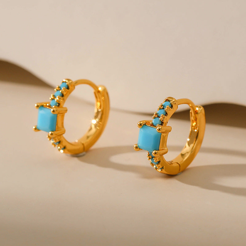 Gold Turquoise Baguette Huggie Hoop Earrings E282