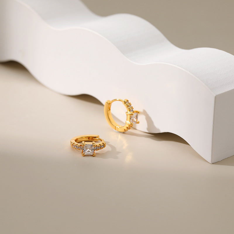 Gold Square Crystal Baguette Pave Huggie Hoop Earrings E280