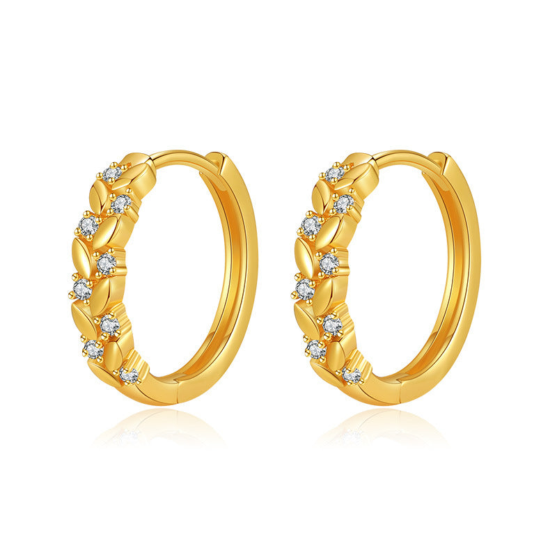 Gold Crystal Leaf Link Huggie Hoop Earrings E285